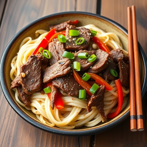 Savory Beef Chow Fun with Stir-Fried Noodles Stir-fried Beef Chow Fun with rice noodles, beef, bean sprouts, and bell peppers, garnished with green onions.